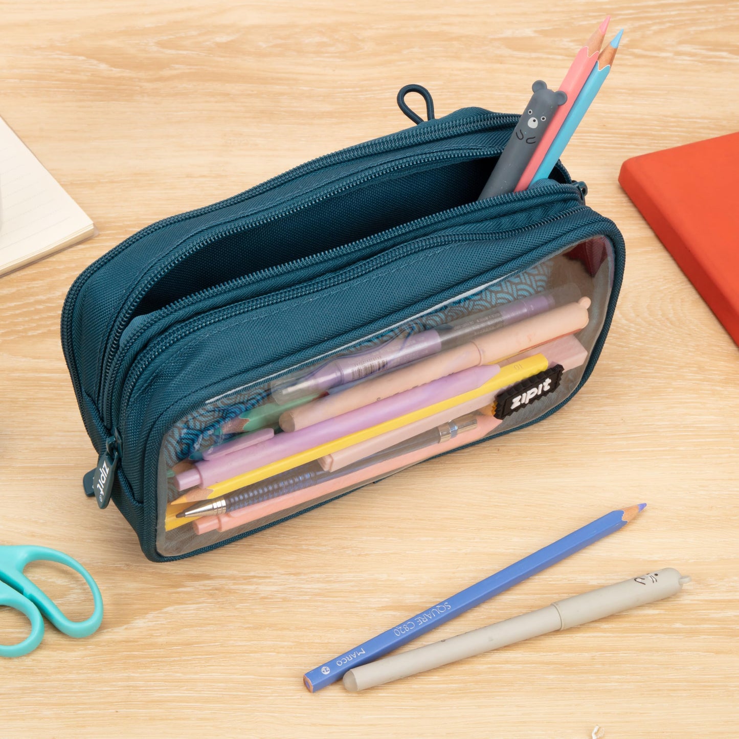 ZIPIT Half & Half Pencil Case, 3 Compartment Zipper Pouch for School, Stationery Bag for Teen Girls Boys and Adults, Teal