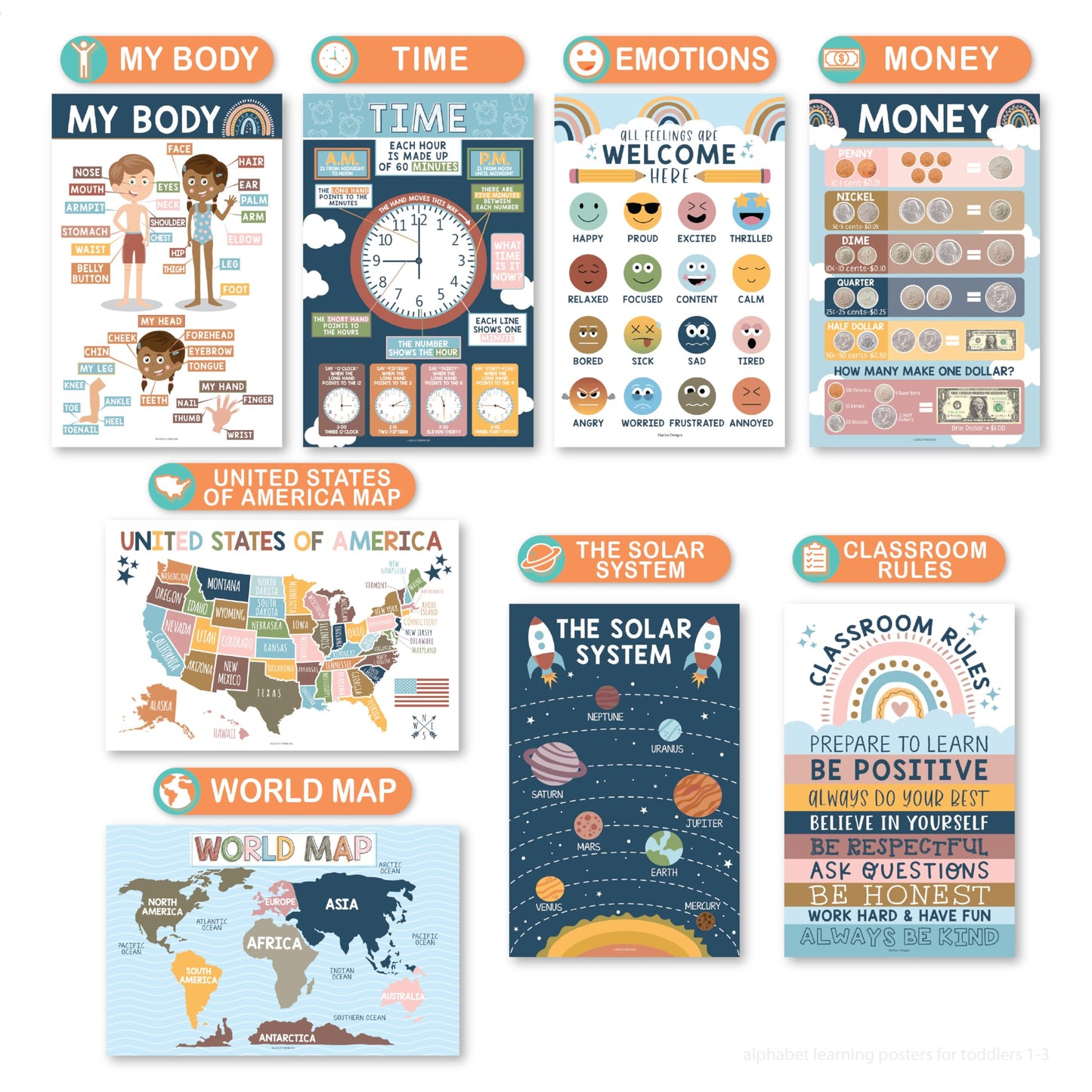 Hadley Designs 16 Educational Posters for Classroom Decor - Boho Educational Posters for Toddlers 1-3, Toddler Learning Posters for Kids Ages 3-5, Kindergarten & Preschool Classroom Must Haves