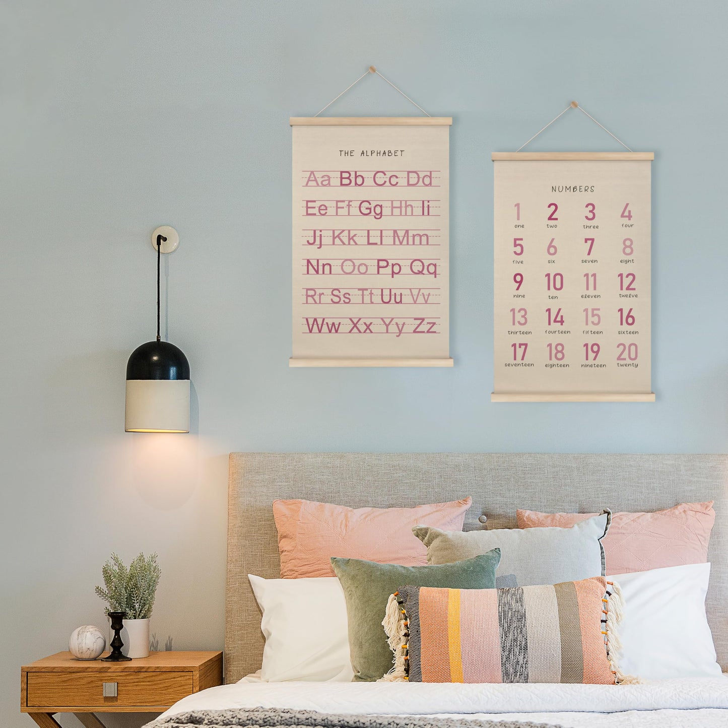 HRQKO Alphabet Numbers Poster Hanger Frame Set of 2, Pink Girls Nursery Wall Decor, ABC Poster Wall Art with Wooden Frames, Pink Alphabet Banner Wall Hanging Decor for Toddler Playroom, 16x24 inch