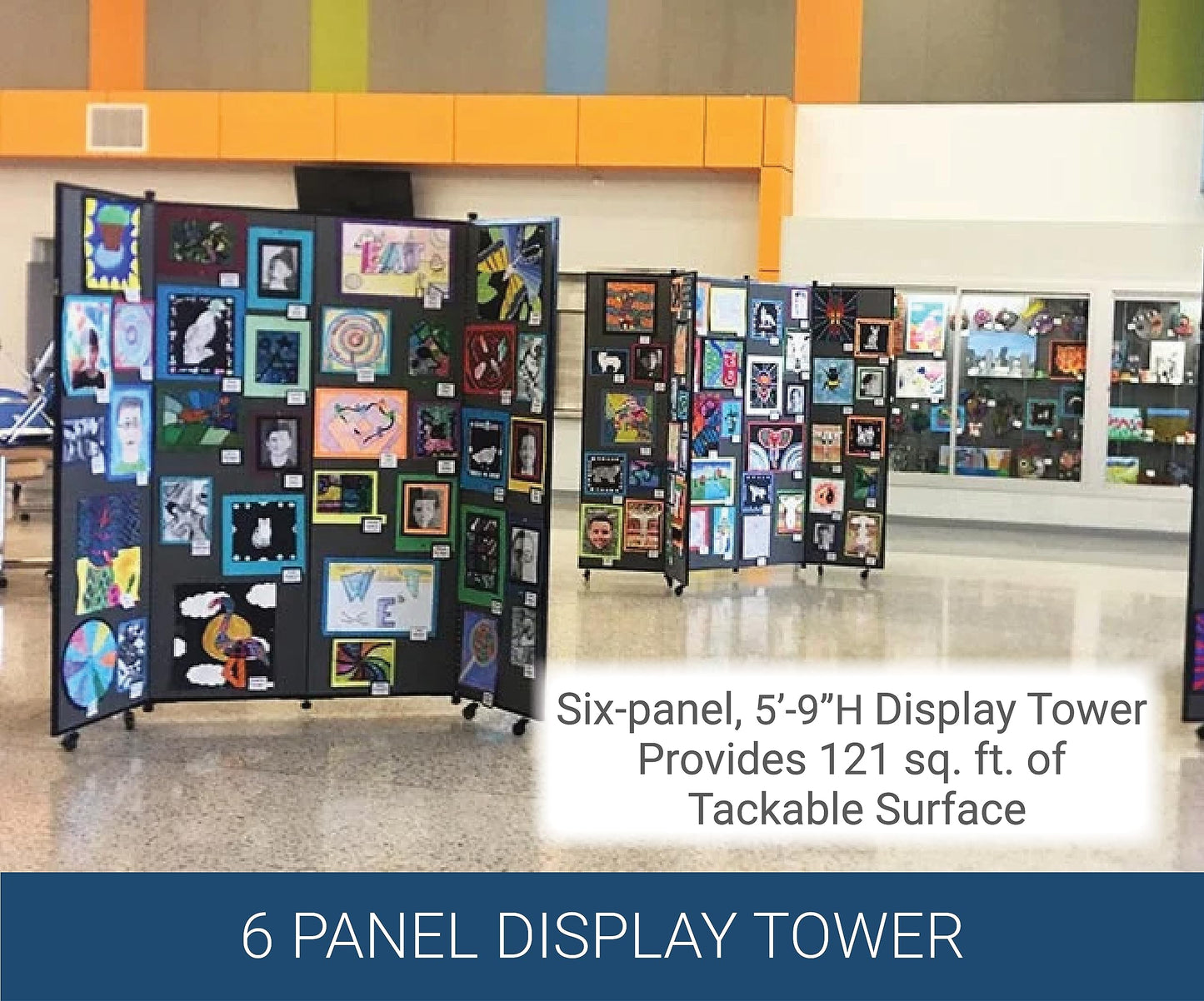 Screenflex Display Towers, Portable Wall Divider Boards for Art Show Partitions, Classroom Panels and Offices - 5'9"H x 6'2"W - 6 Panels - Charcoal Black Fabric