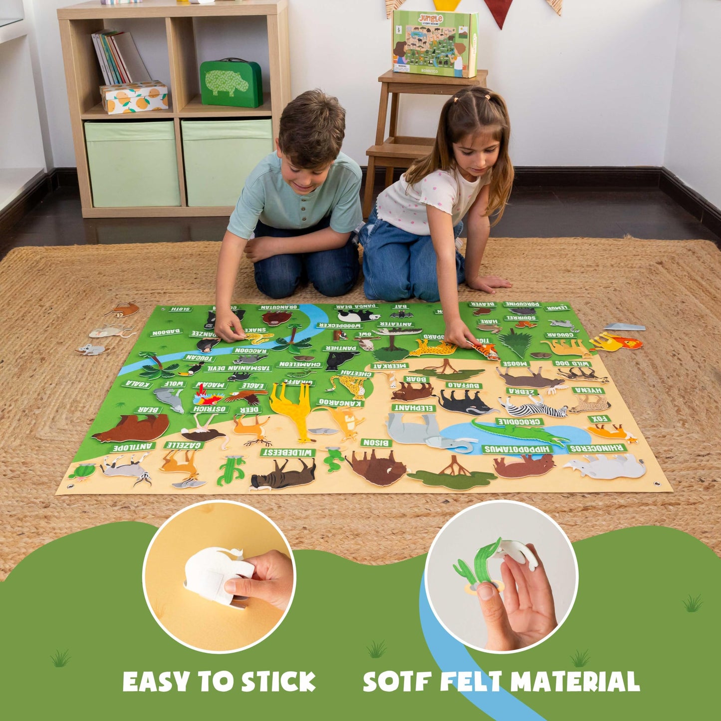 BONNYCO Felt Board for Toddlers with 116 Jungle Animals Figures. Montessori and Sensory Toys, Birthday Gifts for Kids 3-8 Years Old. Educational Games Learning Activities Christmas
