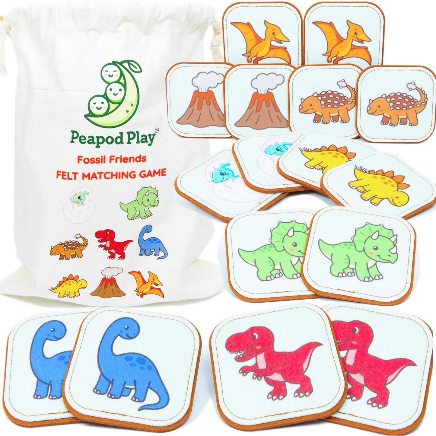 Peapod Play Felt Dinosaur Matching Game for Toddlers – Dino Memory Game & Flash Cards – Soft and Safe for Ages 1+ – Montessori Preschool Learning Activity – Educational Dinosaur Toy for Girls & Boys