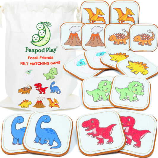 Peapod Play Felt Dinosaur Matching Game for Toddlers – Dino Memory Game & Flash Cards – Soft and Safe for Ages 1+ – Montessori Preschool Learning Activity – Educational Dinosaur Toy for Girls & Boys