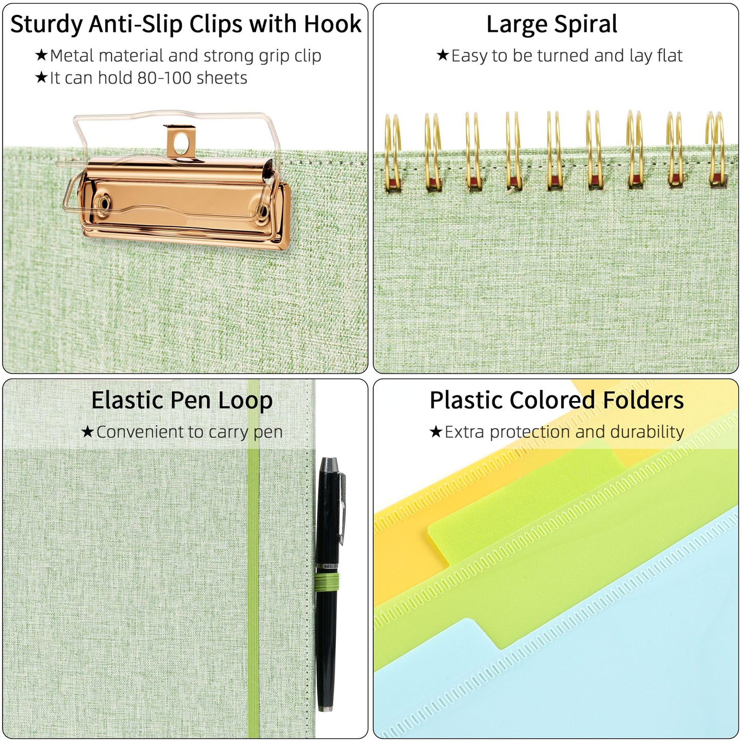 Ospelelf Green Foldable Spiral Clipboard Folio with Storage Zipper Pouch, 5 Plastic Folders with 10 Pockets, Refillable Lined Notepad (11" x 8.5"), Linen Hardcover Project Organizer