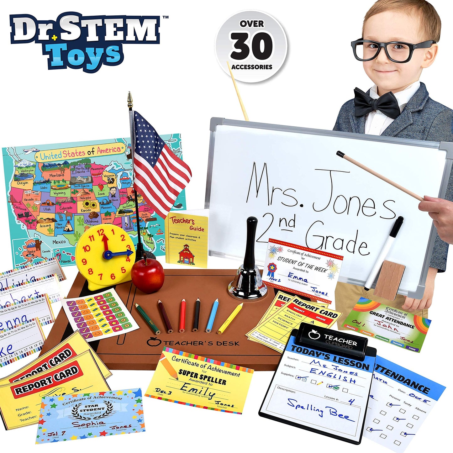 Dr. STEM Toys - Play Teacher Role-Play Set Includes Reusable White Board, Bell, Report Cards, for Home or Classroom, Over 30 Pieces Included, Gift for Kids, Complete Set