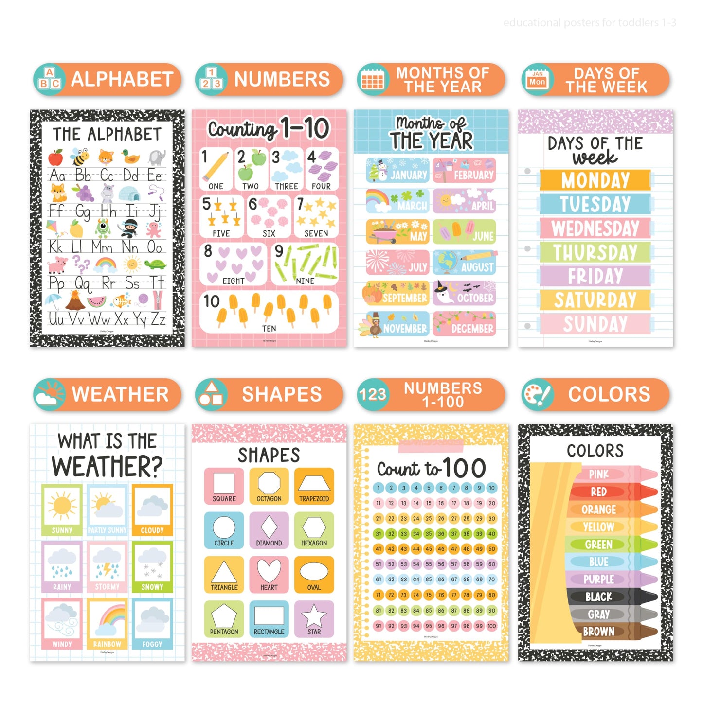 Hadley Designs 16 Educational Posters for Classroom Must Haves - Laminated Pre-K Posters for Toddler Homeschool Essentials, Toddler & Preschool Learning Activities, Kindergarten Classroom Decor