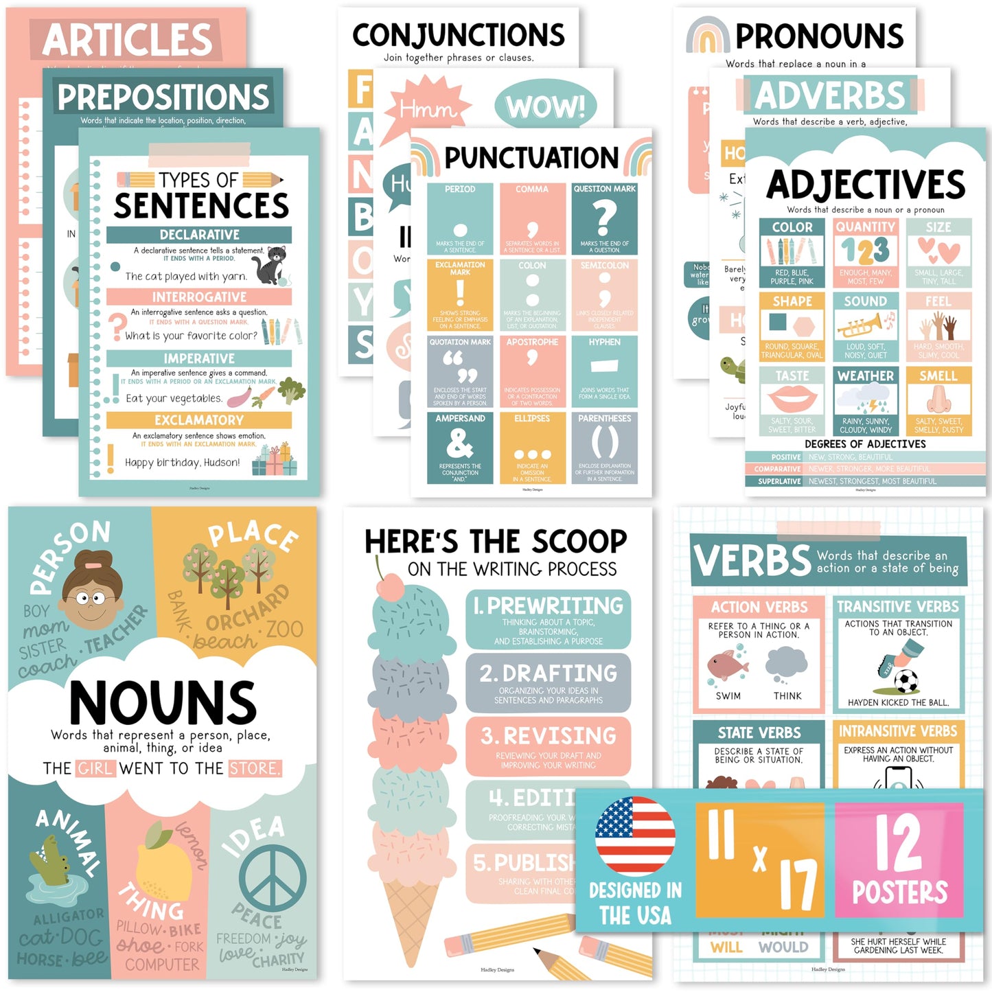 Parts of Speech Posters for Classroom Must Haves - 12 Grammar Posters, Writing Process for Homeschool, Elementary & Middle School, ELA 3rd 4th & 5th Grade Teacher Must Haves, Boho Classroom Décor