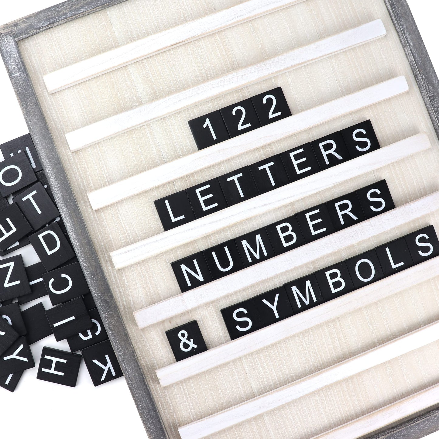 Stiles Wood Tile Letter Board Set and Tabletop Easel Bundle, 23.6" x 17.7" Wooden Message Board with 122 Letters and Numbers, 10.5" x 18.5" Wooden Easel for Announcement Boards, Rustic
