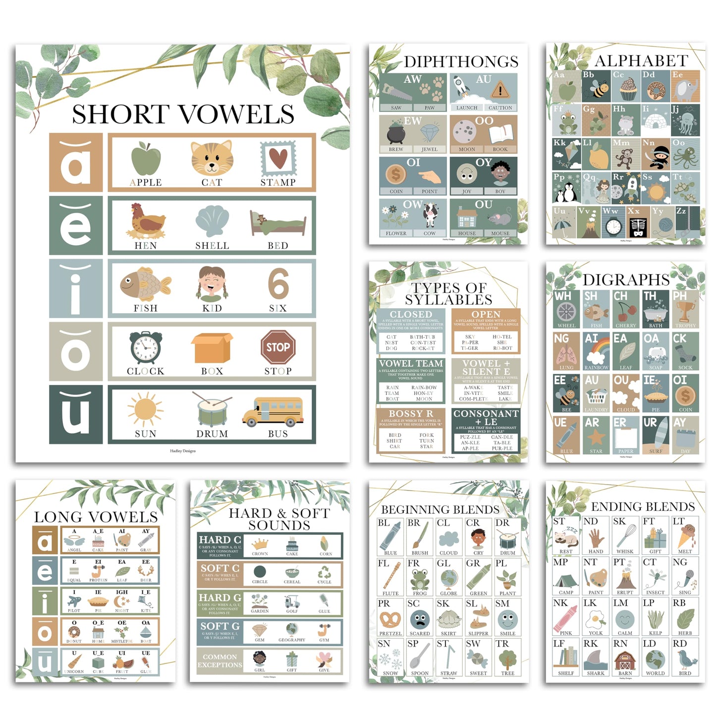 Hadley Designs Phonics Posters for Classroom Must Haves - 9 Sound Wall for Kindergarten & Elementary Teacher Supplies, Syllable, Vowels, Digraphs & Blends Bulletin Board Set, Greenery Classrom Decor