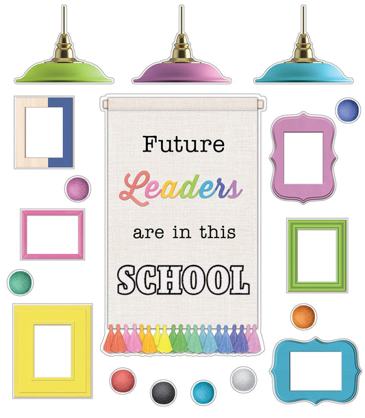 Carson Dellosa Creatively Inspired 81 pc Bundle Future Leaders Bulletin Board Set, Banner with Inspirational Quote, Colorful Frames, Poms, Lights, and More Classroom Decor