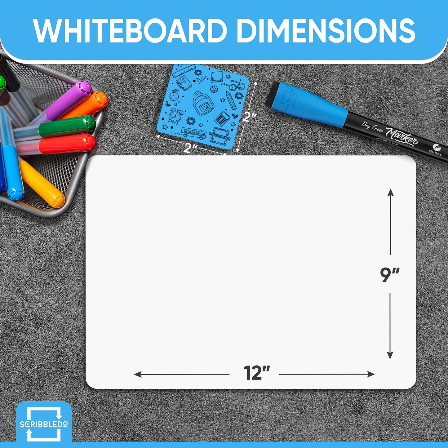 Scribbledo 12 Small White Board Dry Erase Boards Classroom Pack Mini White Boards 9"x12” Double Sided Personal Whiteboards for Students Teachers School Supplies Lapboards Mini Whiteboard Erasers Incl