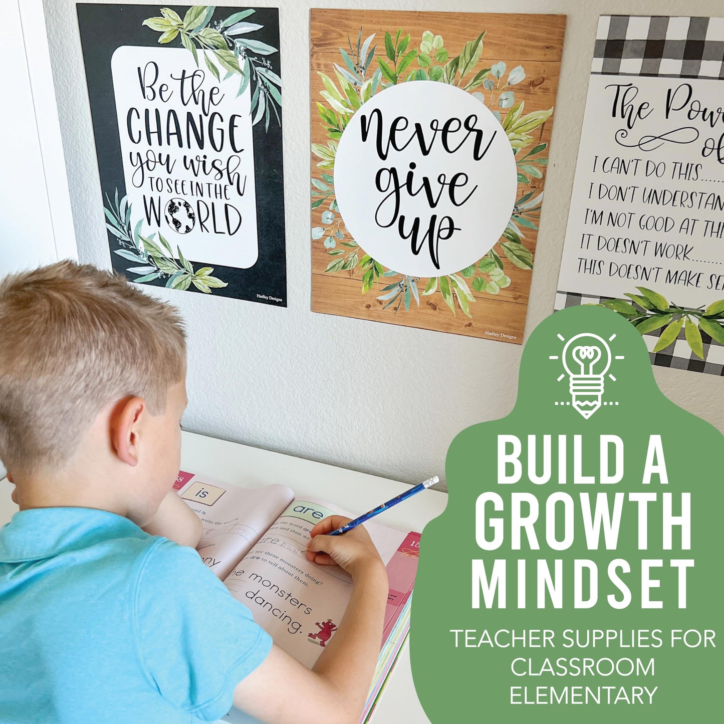 Hadley Designs Motivational Poster for Classroom Decor - 9 Growth Mindset Classroom Posters Elementary, Inspirational Wall Decor Middle School, Teacher Must Haves, Farmhouse Bulletin Board Decorations