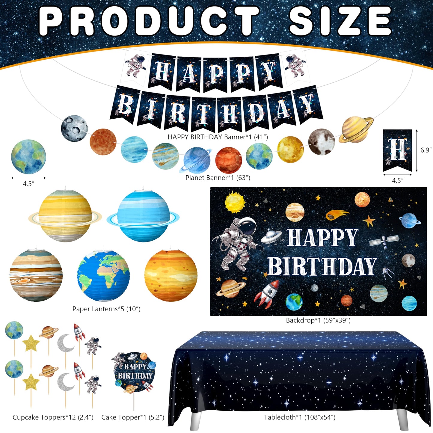 Outer Space Birthday Party Decorations Space Themed Party Supplies Planet Banner Backdrop Cake Topper Solar System Paper Lantern Galaxy Tablecloth Balloon Garland Kit for Space Astronaut Party Decor