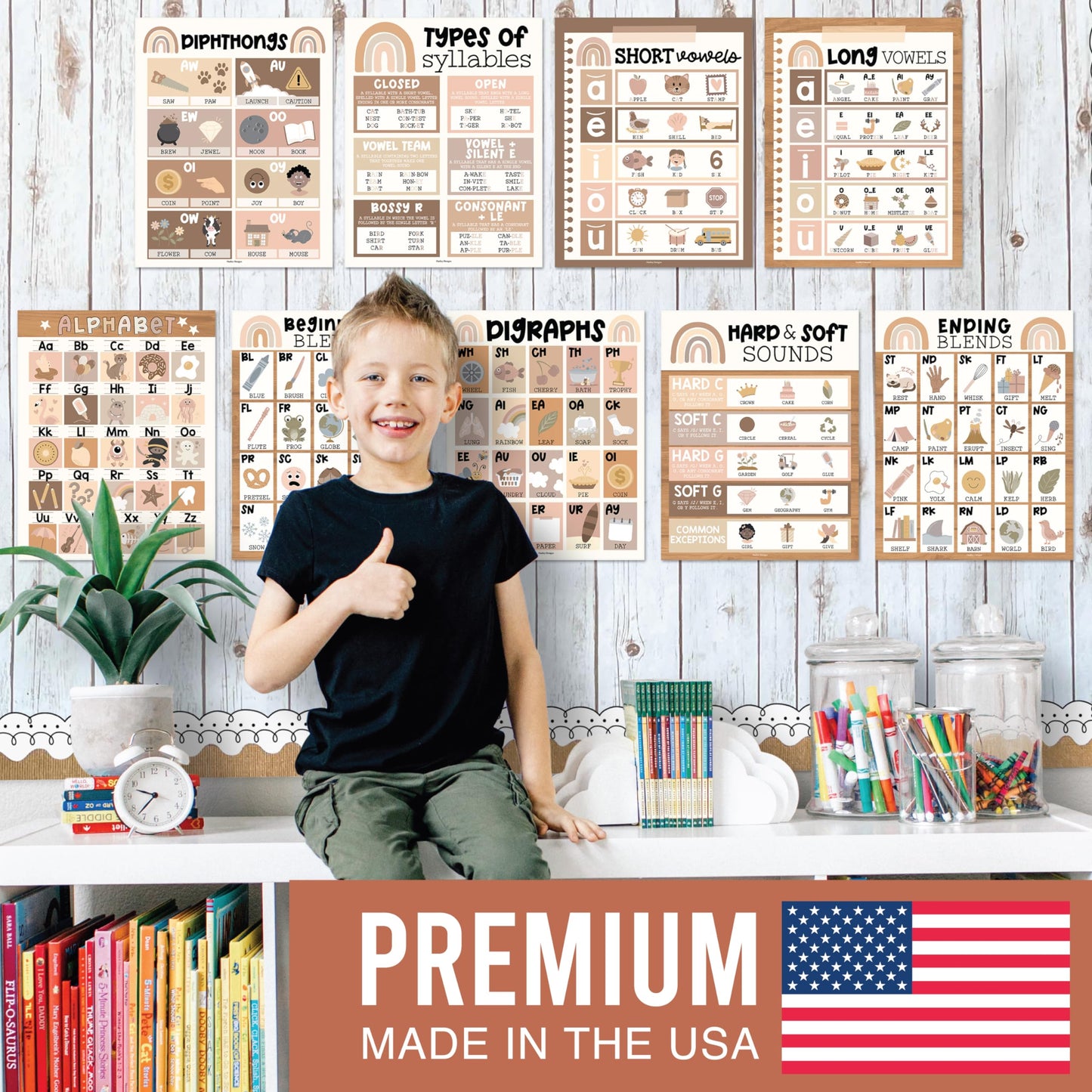 Hadley Designs Phonics Posters for Classroom Must Haves - 9 Sound Wall for Kindergarten & Elementary Teacher Supplies, Syllable, Vowels, Digraphs & Blends Bulletin Board Set, Boho Classrom Decor