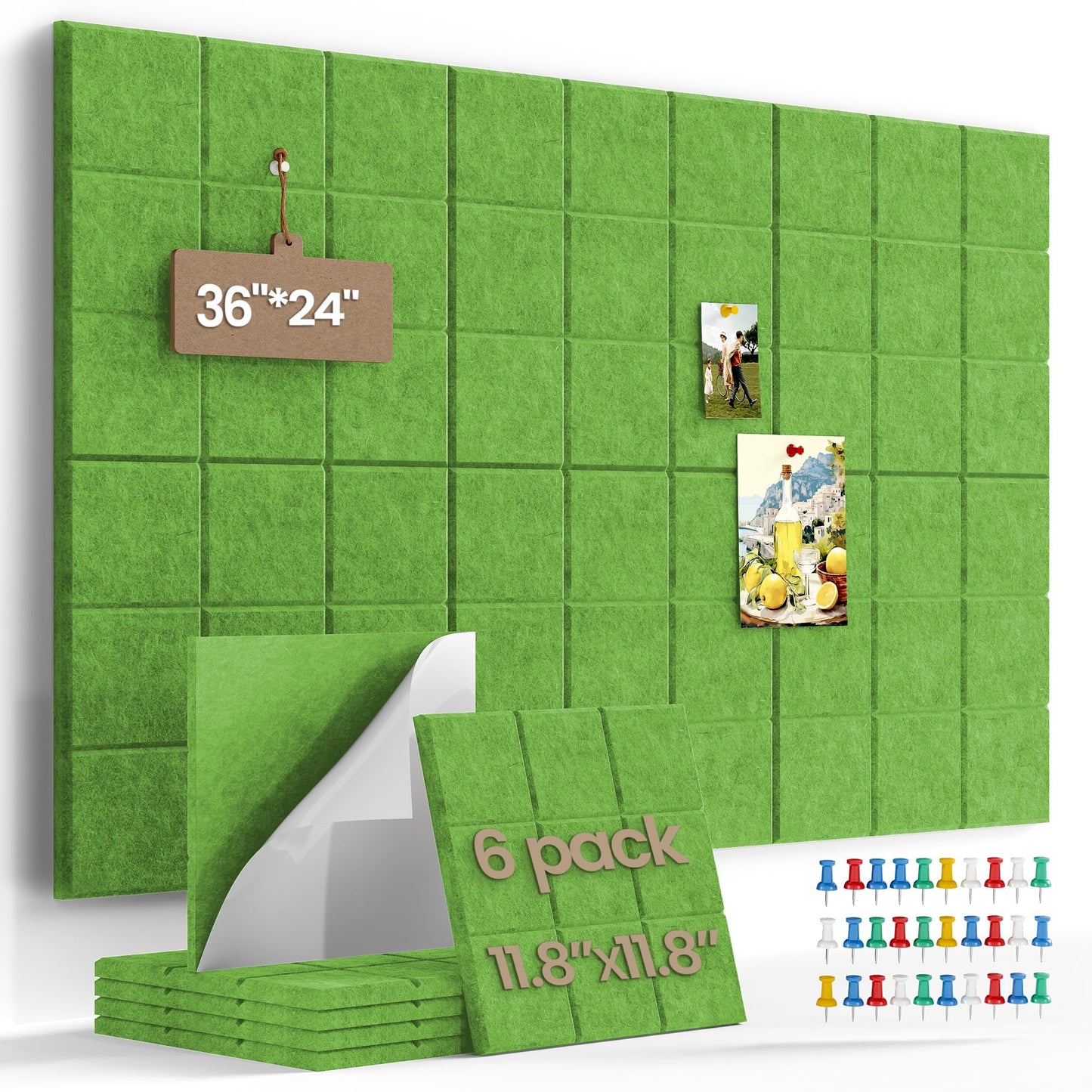 Uoisaiko Large Felt Board Tiles for Wall with 30 Push Pins, 11.8"x11.8" Pack of 6 Pin Board Notice Boards for Home Office Kitchen, Bulletin Board Wall Tiles for Photos Memos (Green, 6 Pack)