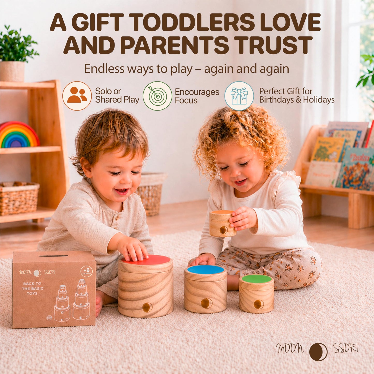 Wooden Stacking Cups for Toddlers 1-3 – Montessori Baby Toy for Sorting, Nesting & Stacking, Natural Wood Learning Toy for Fine Motor Skills