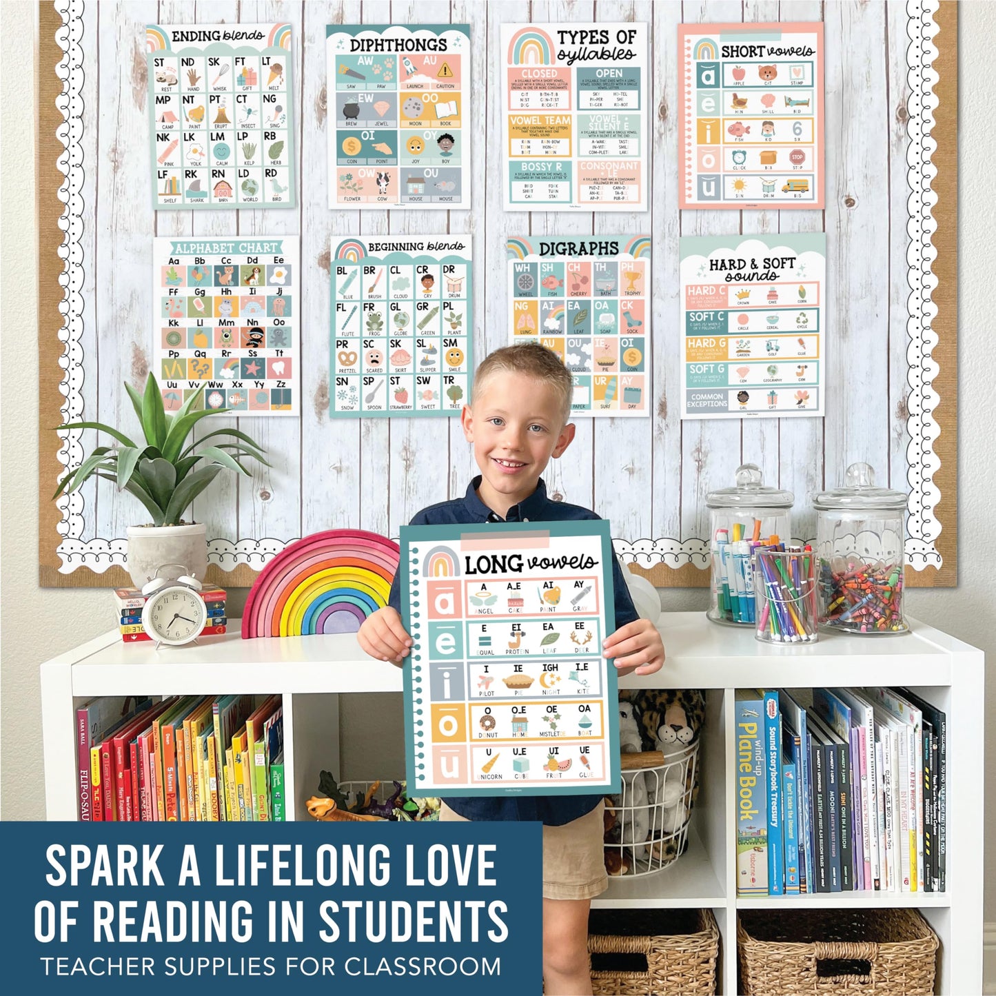 Hadley Designs Phonics Posters for Classroom Must Haves - 9 Sound Wall for Kindergarten & Elementary Teacher Supplies, Syllable, Vowels, Digraphs & Blends Bulletin Board Set, Boho Classrom Decor