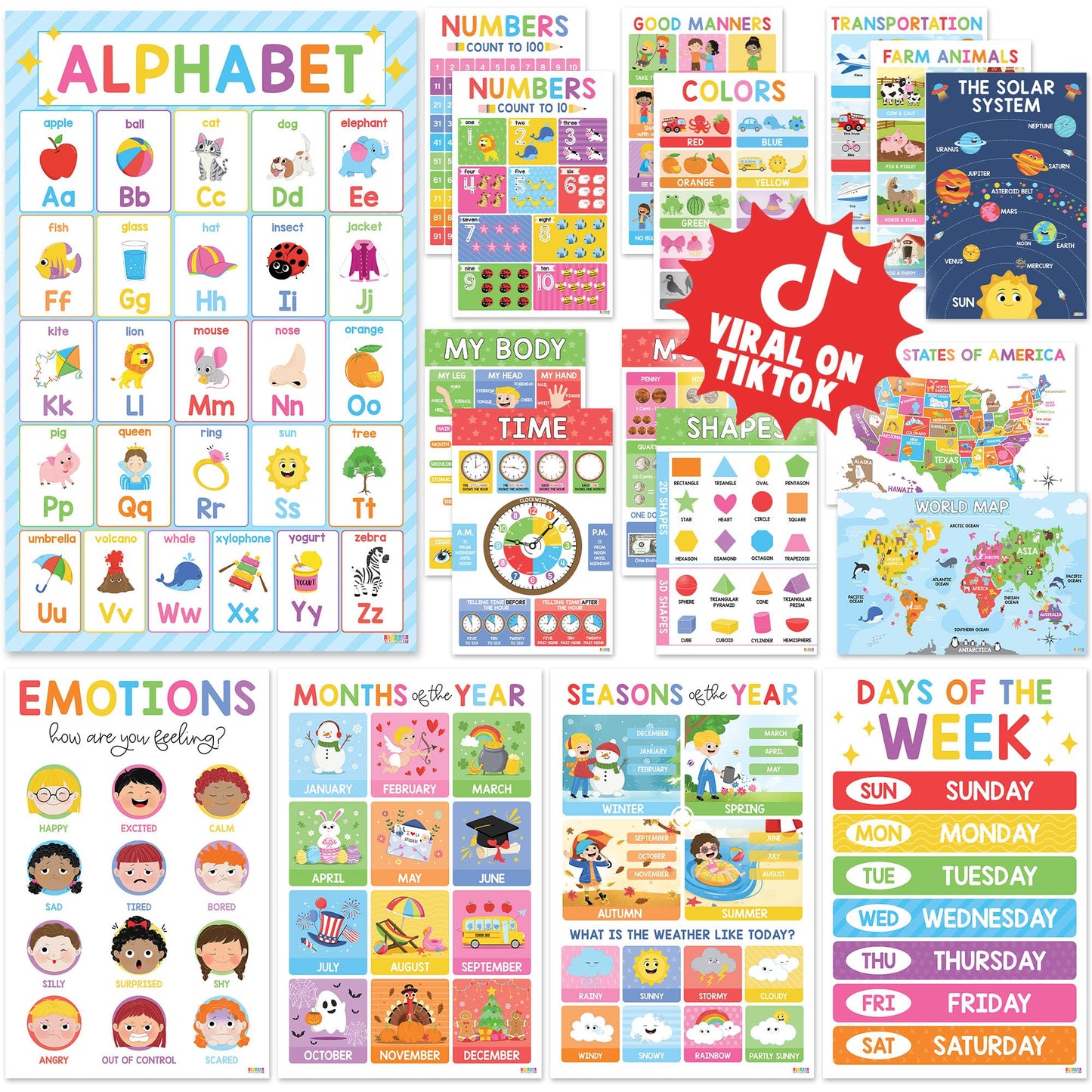 BEAWART 18 Laminated Educational Posters For Toddlers, Preschool Posters for Classroom, Kindergarten Wall Decor, PreK Learning Materials Alphabet Number Chart