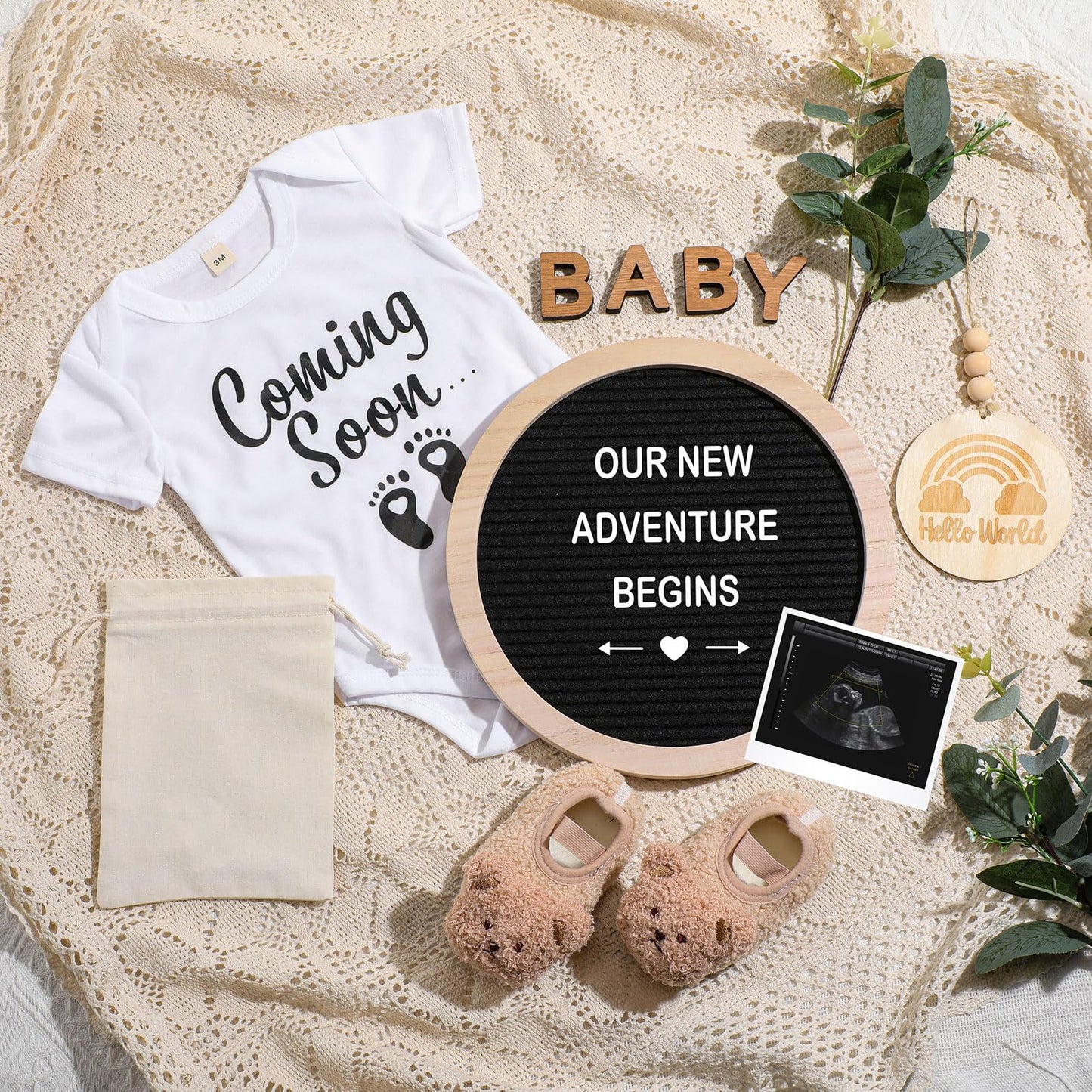 Canlierr 8 Pcs Pregnancy Announcement Set Pregnancy Reveal Ideas Include Felt Letter Round Board Kit Baby Bodysuit Booties Wood Blocks Wooden Signs for Coming Soon Baby Announcement(Black)
