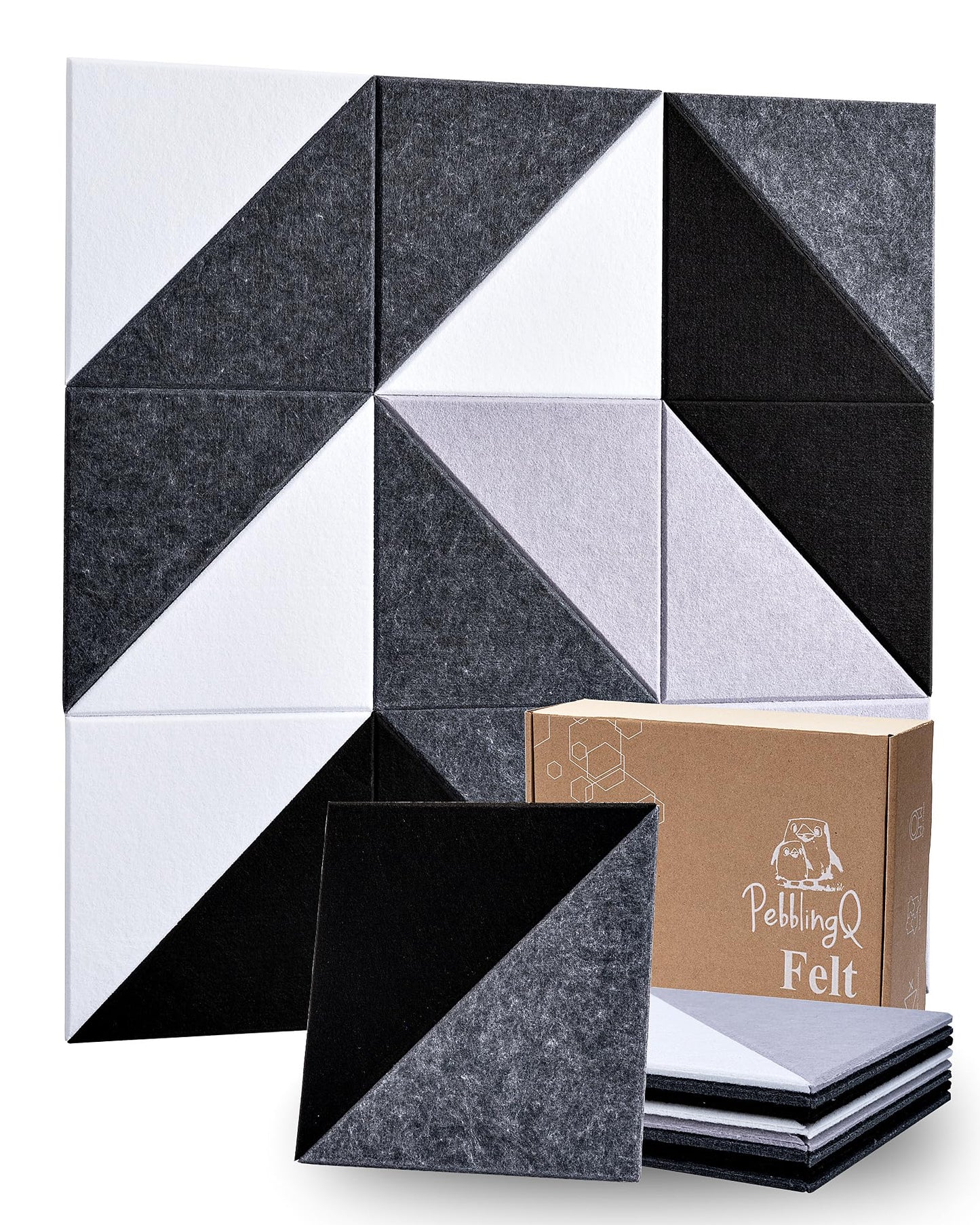 PebblingQ Felt Wall Tiles Bulletin Board, Modular Decorative Panels for Home Office, Kids Room, Classroom, DIY Geometric Design, Creative Photo Display Board, 18 Pack 11.8" Triangle Tiles(Ether)