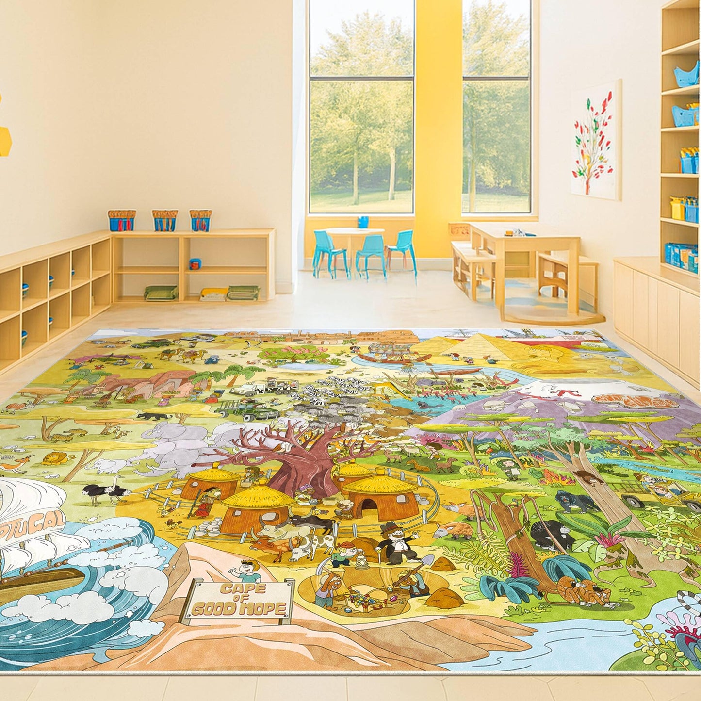 Large Kids Playroom Rug 8x10 – Desert Adventure Safari Animal Map Carpet with Lions, Elephants, Giraffes & Tribes – Educational Play Mat for Boys & Girls Bedroom, Classroom, or Reading Nook