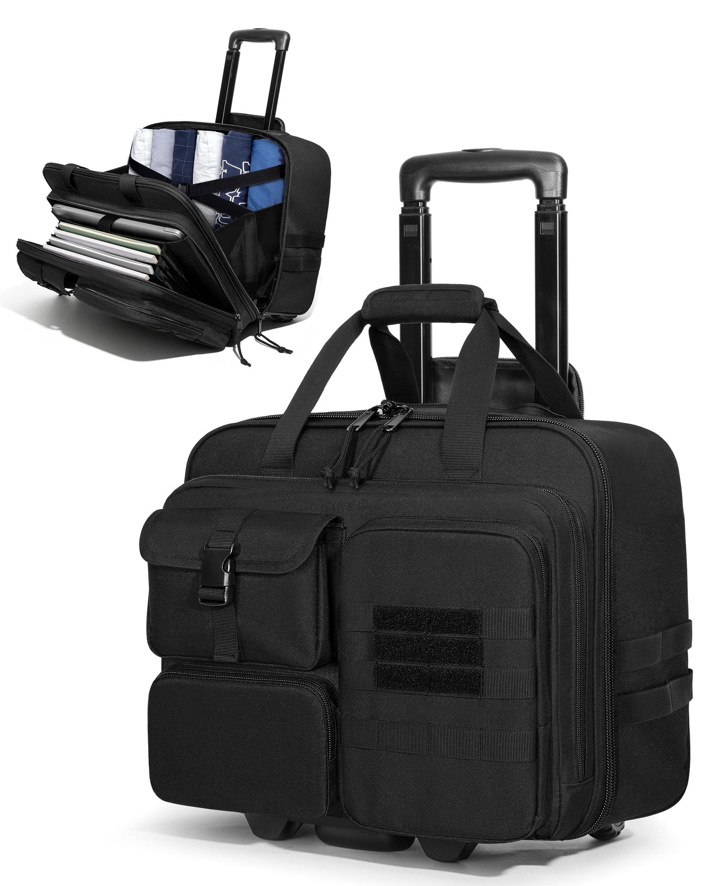 Trahzia Rolling Tactical Messenger Bag, 17.3 Inch Briefcase with Wheels for Men, Wheeled Military Laptop Bag for Work Commute Flight, Black