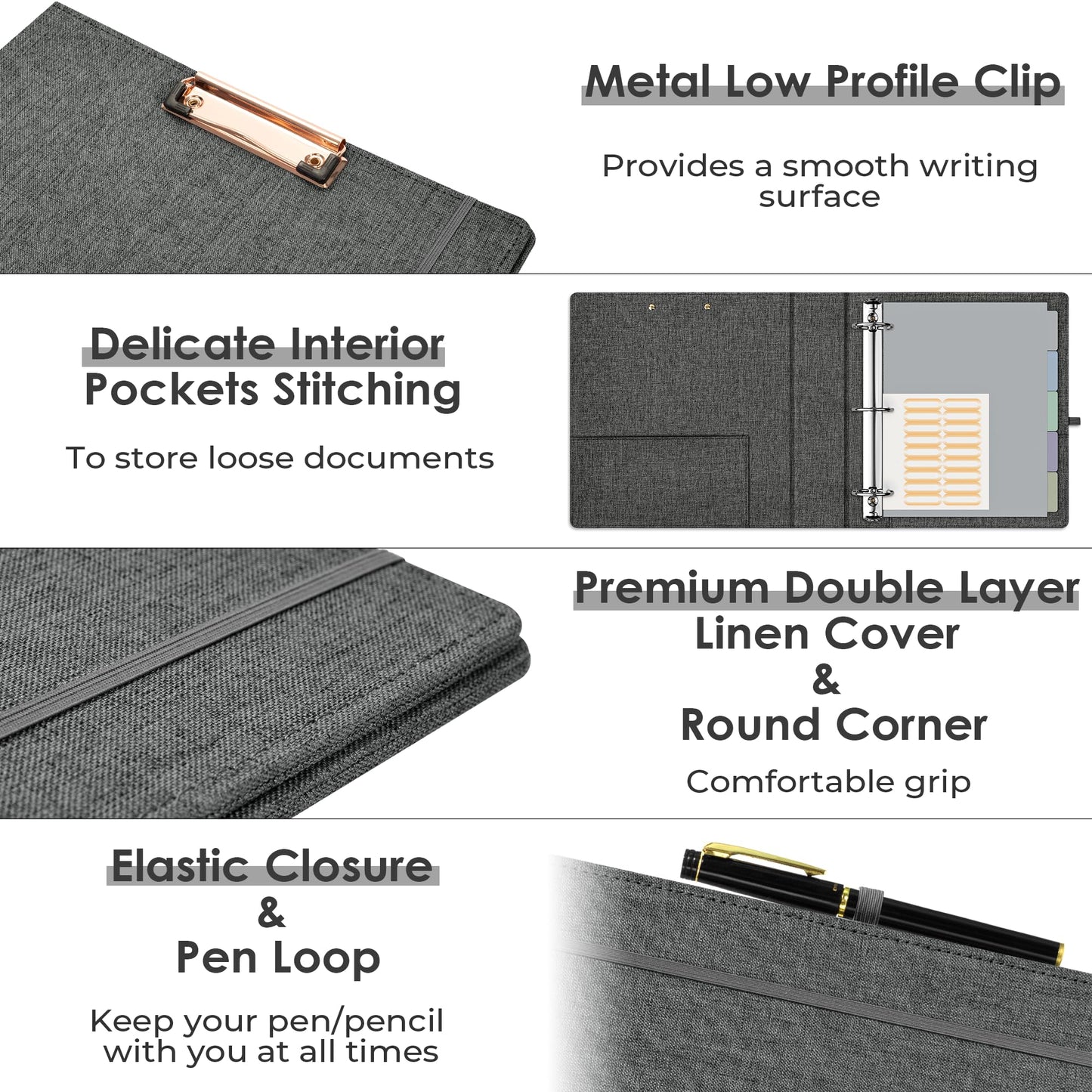 EYROZILL 3 Ring Binder 2 Inch, Binder for Letter Size (11" x 8.5") with 5 Tab Dividers, File Folder Labels and Low Profile Clipboards, Darkgrey