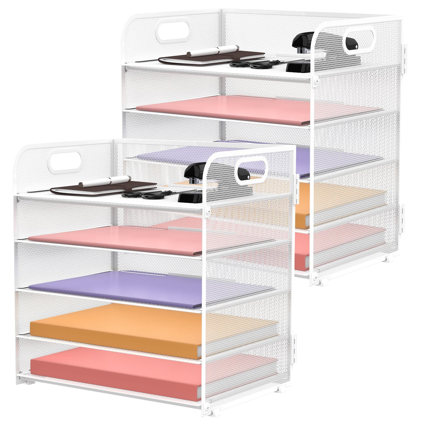 2 Pack 5-Tier White Desk Organizer with Handle Mesh Desk File/Paper Organizer Letter Tray for Office, School and Home Easy Installation