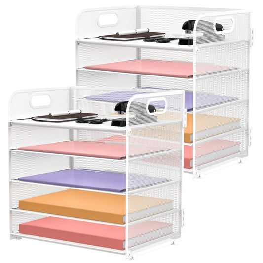 2 Pack 5-Tier White Desk Organizer with Handle Mesh Desk File/Paper Organizer Letter Tray for Office, School and Home Easy Installation