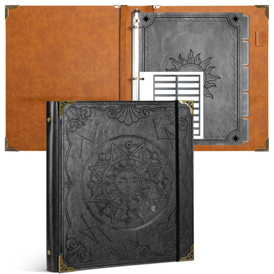 Ospelelf 3 Ring Binder 1 Inch Leather Vintage Hardcover Binder Dividers with Tabs for Letter Size 8.5"x11" Paper, Binder with Pockets for Photo Album, Document Organizer and Family History, Black Sun