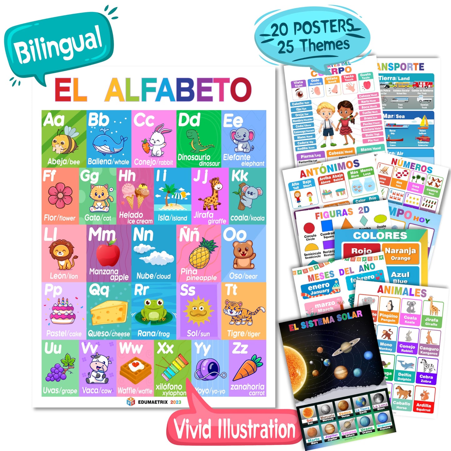 20 Spanish English Bilingual Educational Posters Water Proof Learning Chart for Preschool, Kindergarten, Classroom Decoration, Alpabet, Alfabeto, Numbers...( Flat Packaging 11"x16" )