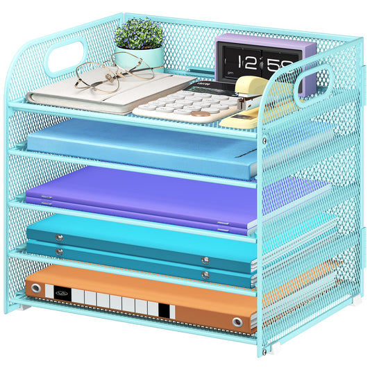 Cawukege 5 Tier Paper Organizer with Handle, Blue Metal Mesh Desk Organizer File Folder Paper Letter Tray Desktop Document Sorter for Classroom, School, Office Accessories Organization and Storage