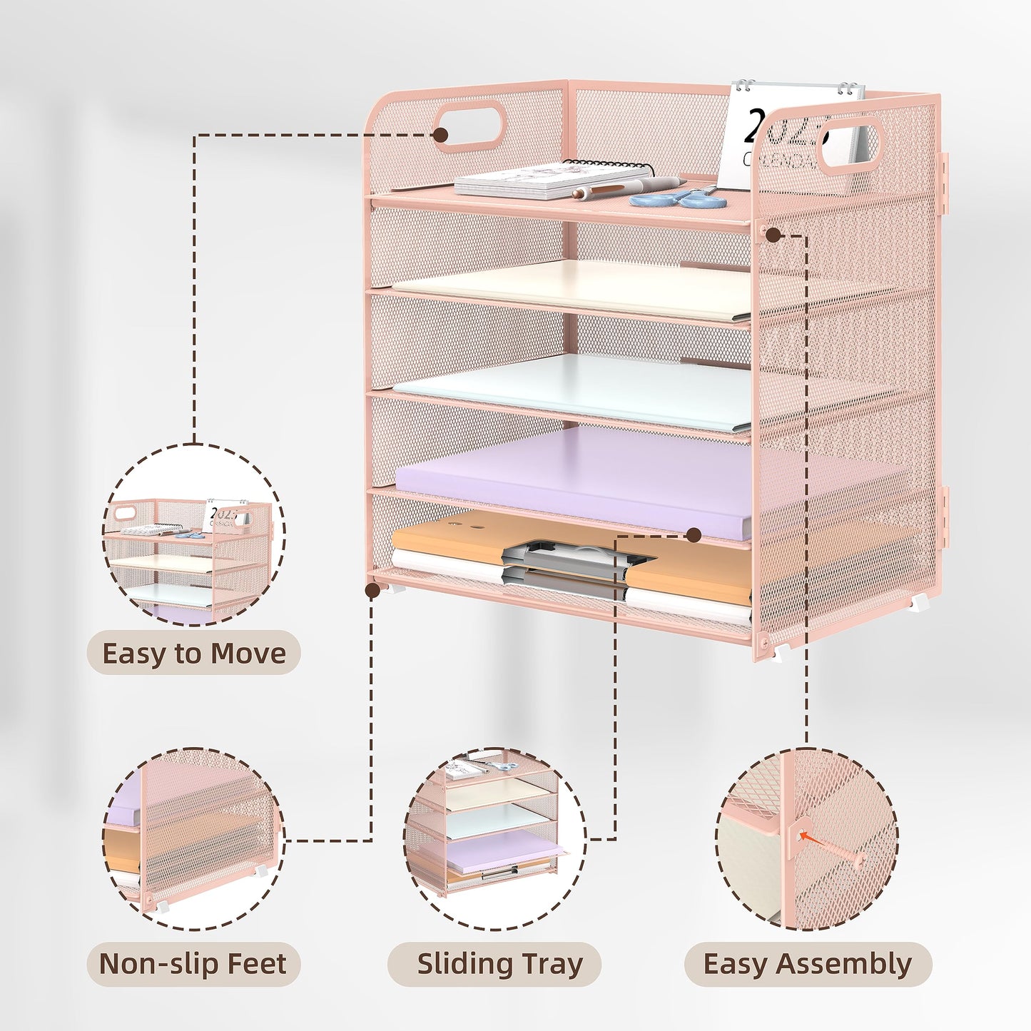 Supeasy 5 Trays Paper Organizer Letter Tray with Handle-Mesh Desk File Holders, Paper Sorter Desk Organizer for Office, Home, Classroom or School, Pink