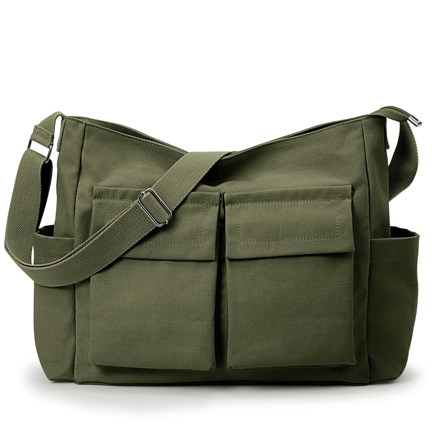 KALIDI Canvas Tote Messenger Bag with Pockets, Large Crossbody Bags for Women or Men, Casual Canvas Shoulder Bag for College Work Travel Daily, Army Green