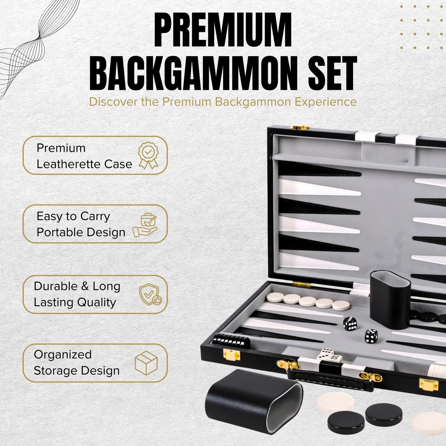 Crazy Games Premium 18 Inches Large Black - Backgammon Sets for Adults and Kids - Leatherette Back Gammon Board Game Set - Travel Backgammon Set Board Encased with Accessories