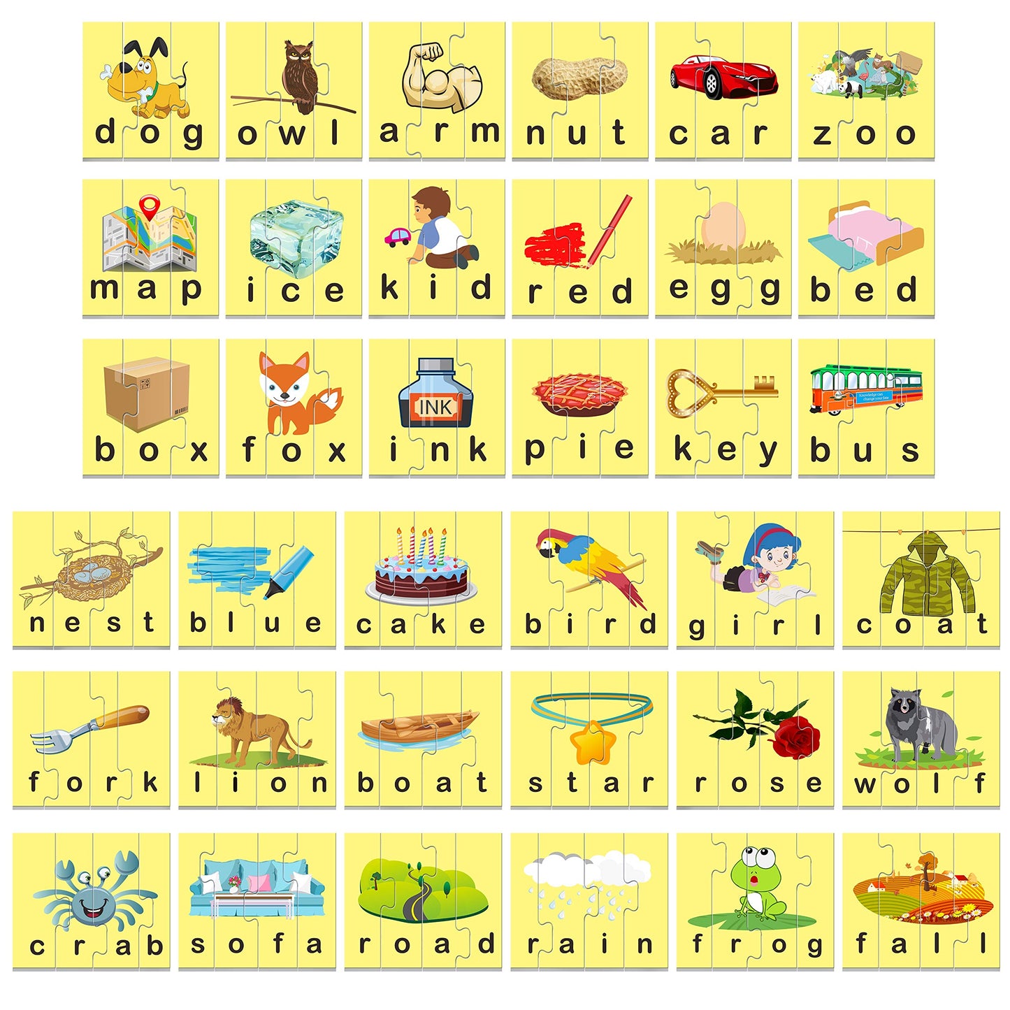 72 Word Spelling Puzzles with Error-Correction Mechanism in 3 and 4 Pieces, Perfect for Preschool Learning (36 Blocks Double Sided)