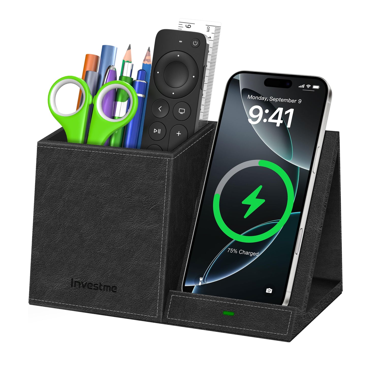Investme Pen Holder with Wireless Charger, Pencil Holder for Desk, Multi-Functional Desktop Organizer, Desk Organizers and Accessories for Home School Office Supplies, PU Leather Black