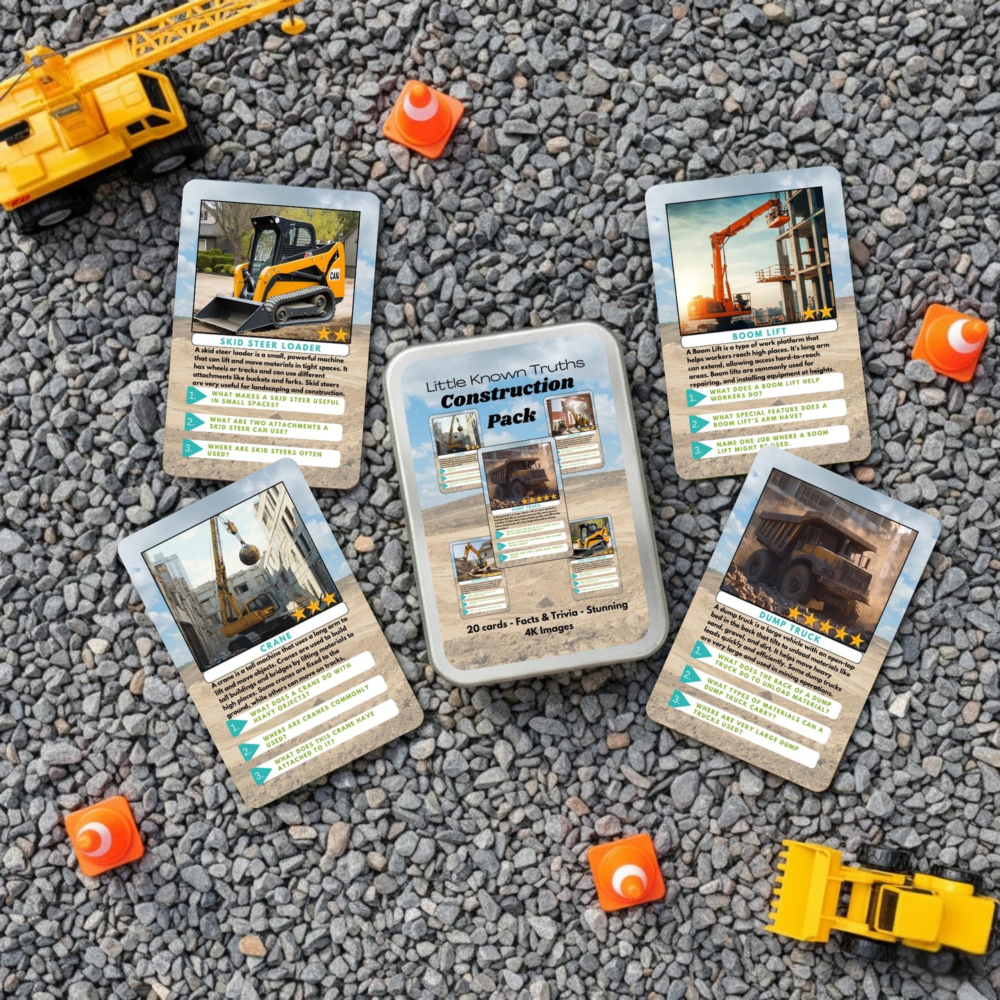 Little Known Truths Construction Vehicle Trivia Flash Cards for Kids Ages 3+ | Educational Learning Cards with Trucks & Machines, STEM Fact Cards in Metal Tin, Screen-Free Travel Toy