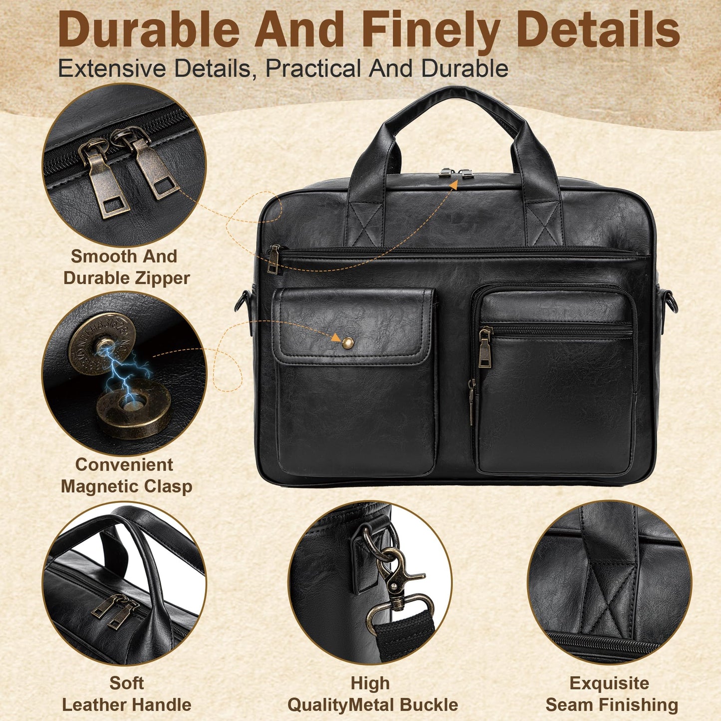Yuni Sophy Briefcase for Men 15.6 Inch Laptop Messenger Bag Faux Leather Multi-Pocket Business Work Bag Waterproof Office Travel (Black)