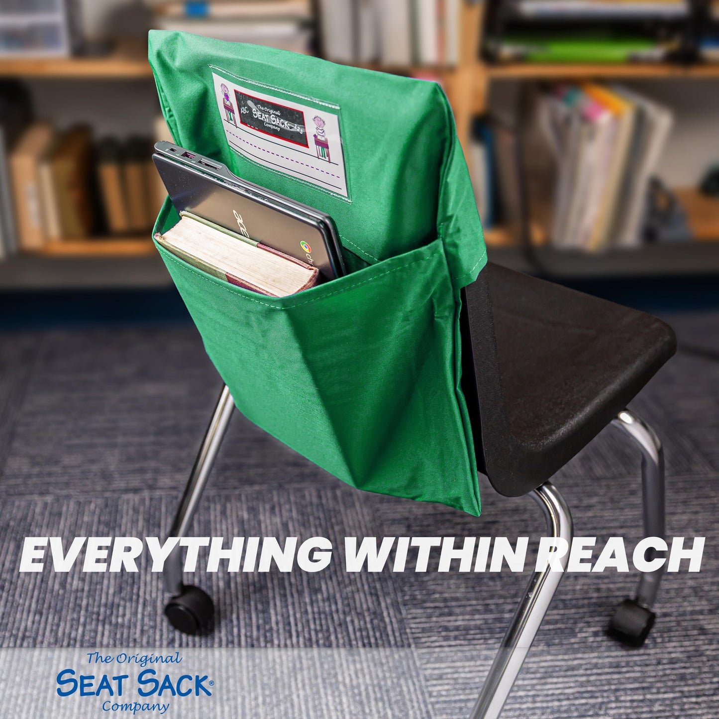 Seat Sack Student Chair Storage Pocket - 12", Classroom Chair Organizer for Student Desks, Durable Over-the-Chair Storage, Green, 1-Pack