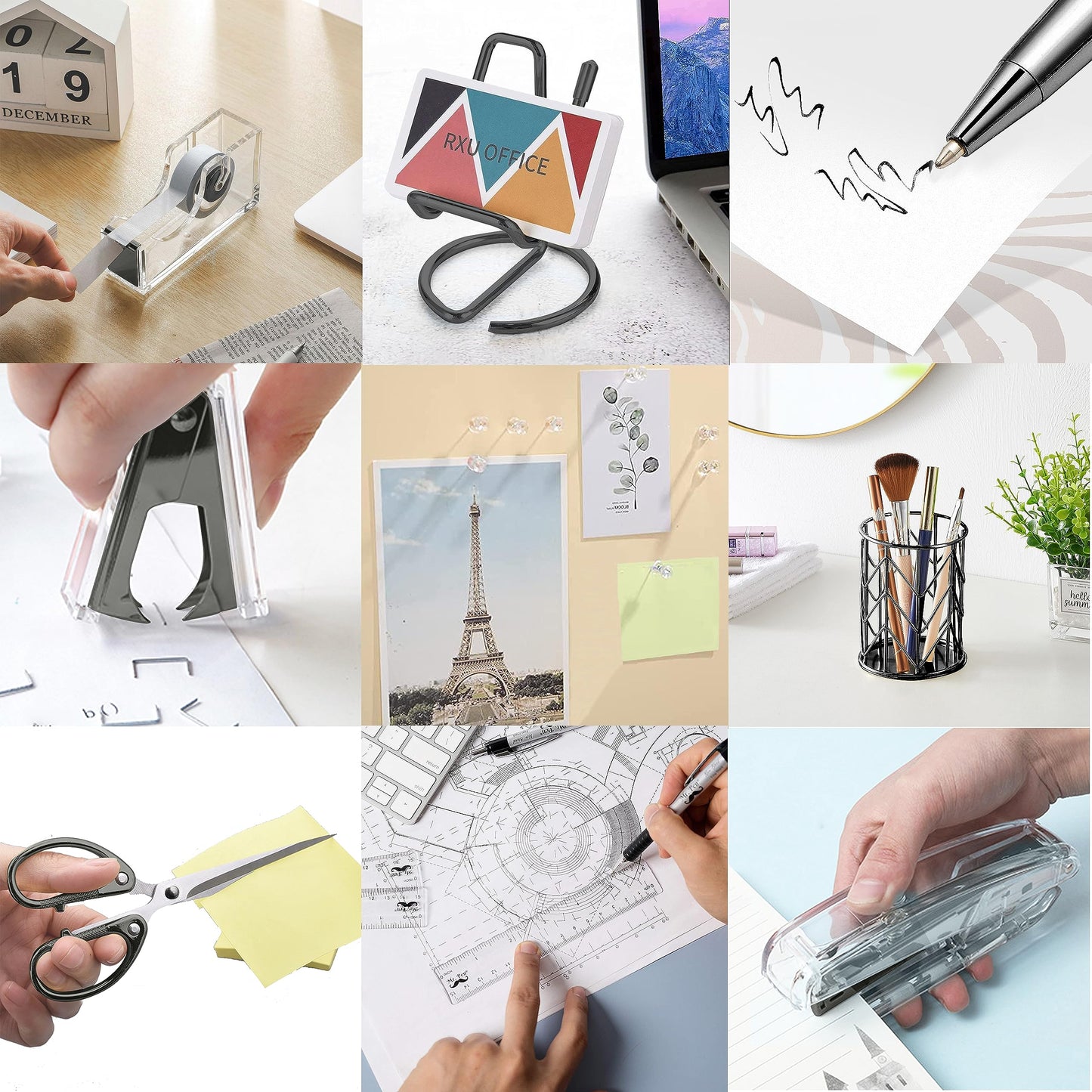 Office Desk Accessories, Acrylic Stapler, Staple Remover, Tape Holder, Pen Holder, Ballpoint Pen, Scissor, Binder Clips, 1000pcs Staples, Phone Holder, Ruler, Transparent Glue and 300 Notes