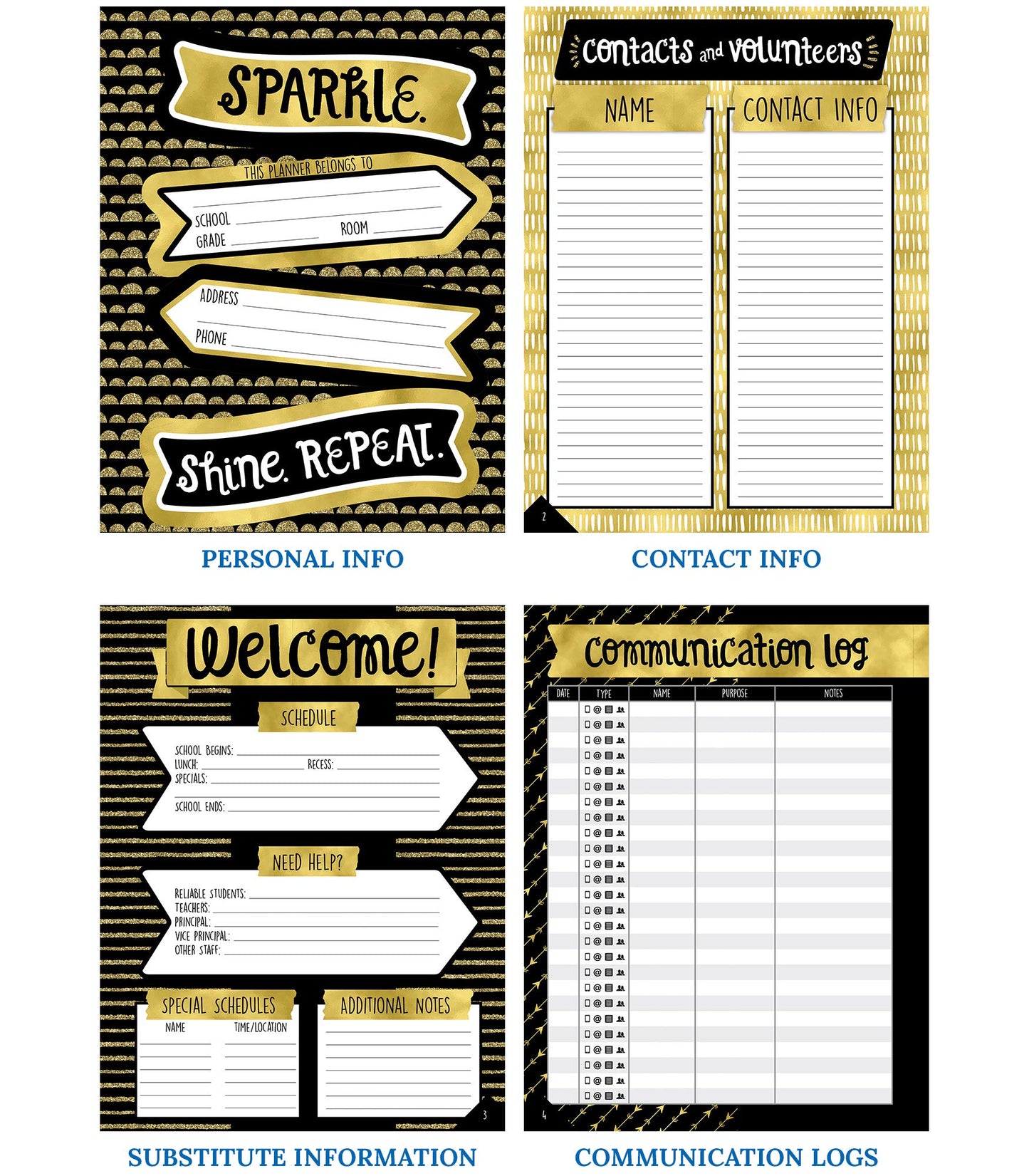 Carson Dellosa Sparkle and Shine Teacher Planner, 8" x 11" Black and Gold Spiral Bound Lesson Plan Book With Stickers, Checklist, Notes, School Supplies for Classroom Organization