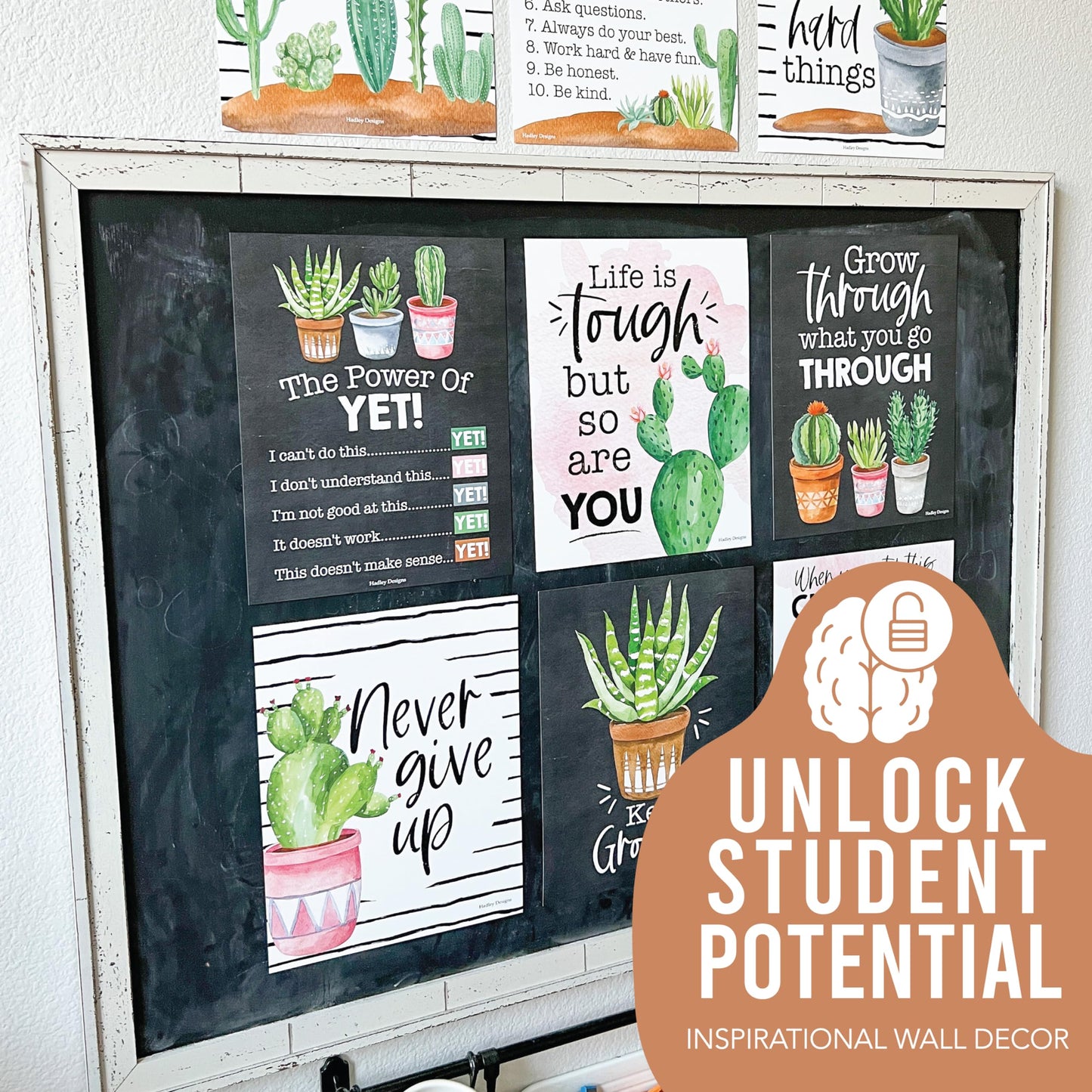 Hadley Designs Motivational Poster for Classroom Decor - 9 Growth Mindset Classroom Posters Elementary, Inspirational Wall Decor Middle School, Teacher Must Haves, Cactus Bulletin Board Decorations