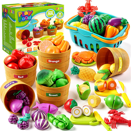 JOYIN Learning Toys Play Food Set for Toddlers, Cutting Food for Preschool Activities, Play Kitchen Accessories, Educational Toys, Color Sorting Set for Boys & Girls, Back to School Gifts for Toddlers