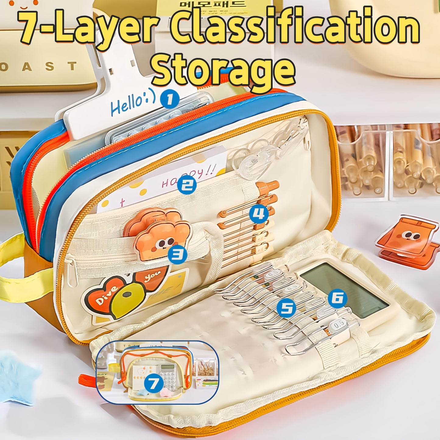 UIVXXUD Portable Multi-Layer Kawaii Star Pencil Case Organizer - Large Capacity Pencil Case with Compartments - Cute Pencil Pouch Functional Bag (Blue)