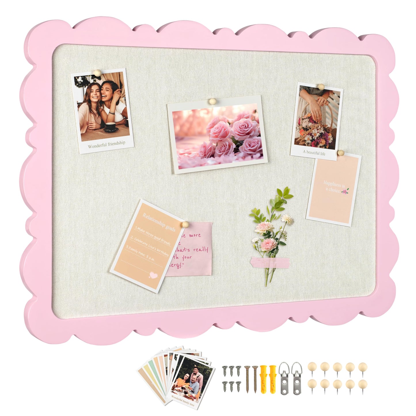 Marribol Scalloped Pin Board with Linen，18’’x24’’,Pink Pine Frame Bulletin Board for Office Home School Girls Dorm Decor, with 10 Cards,10 Pins