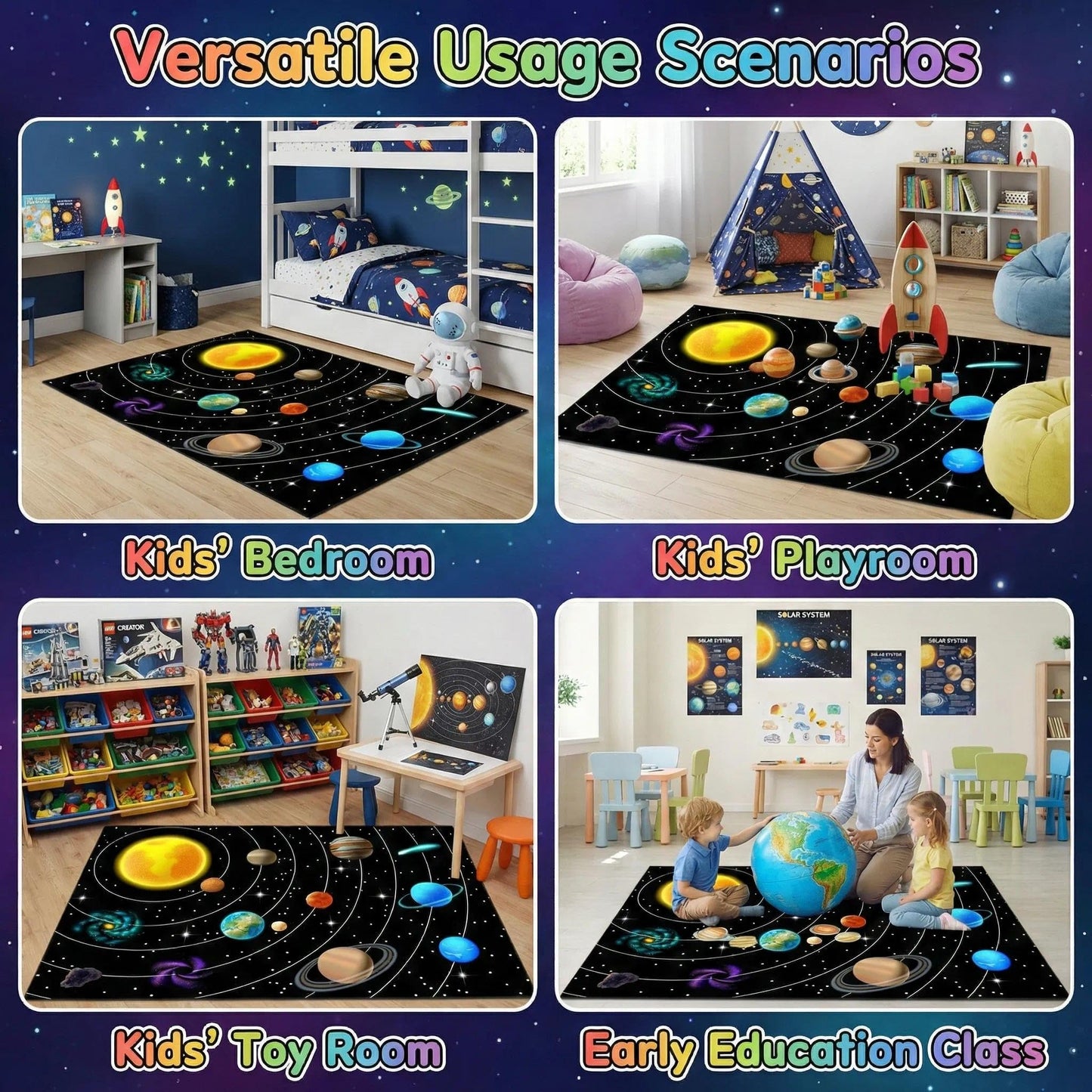 Solar System Galaxy Rug for Boys' Room - Space Carpet, 4'x5'