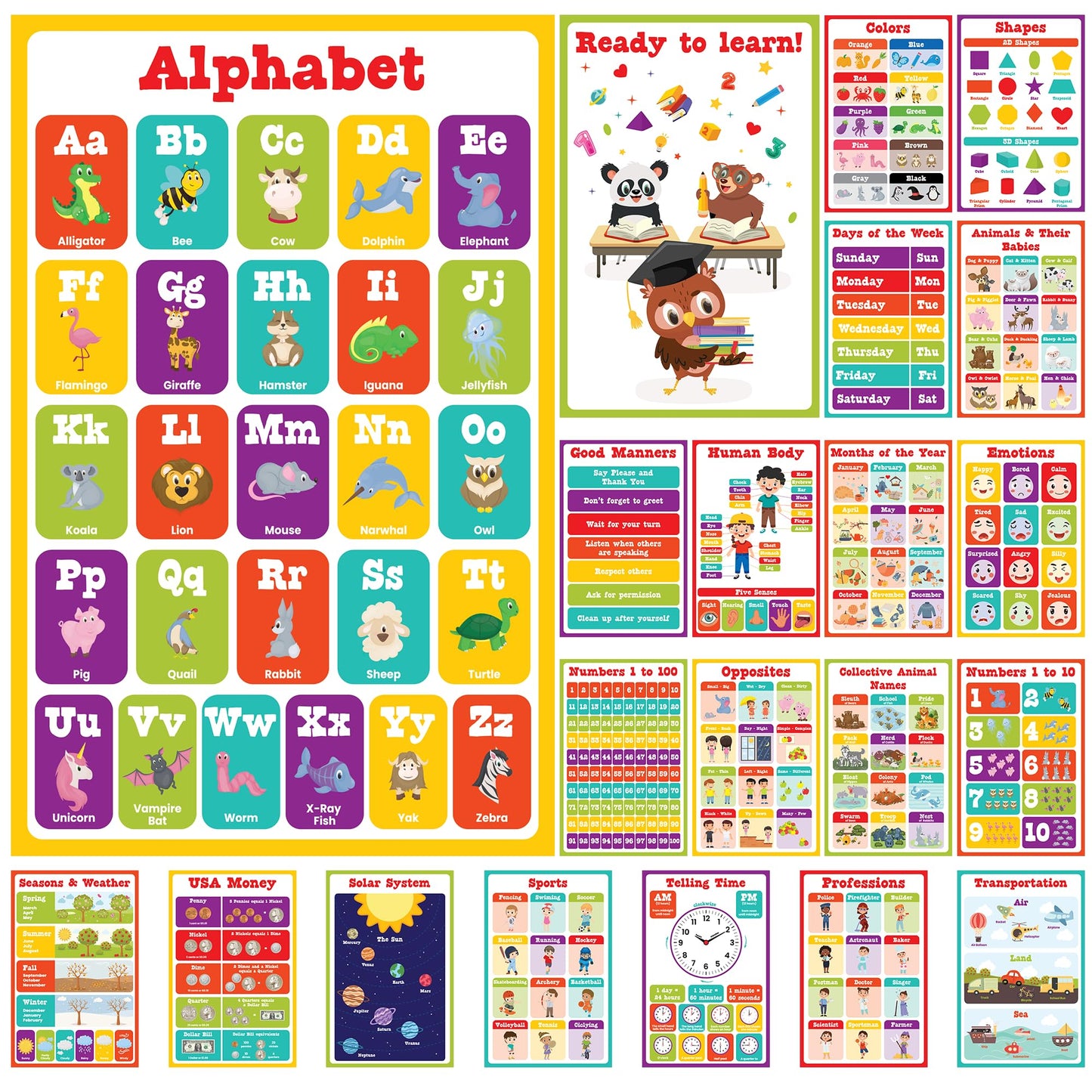Set of 21 , Toddler Learning Posters, For Classroom Posters -17" x 11"-Educational Posters For Toddlers 1-3, Shapes For Classroom Wall , Education Kids Learning Poster , 21pcs- waterproof poster