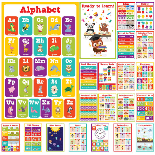 Set of 21 , Toddler Learning Posters, For Classroom Posters -17" x 11"-Educational Posters For Toddlers 1-3, Shapes For Classroom Wall , Education Kids Learning Poster , 21pcs- waterproof poster