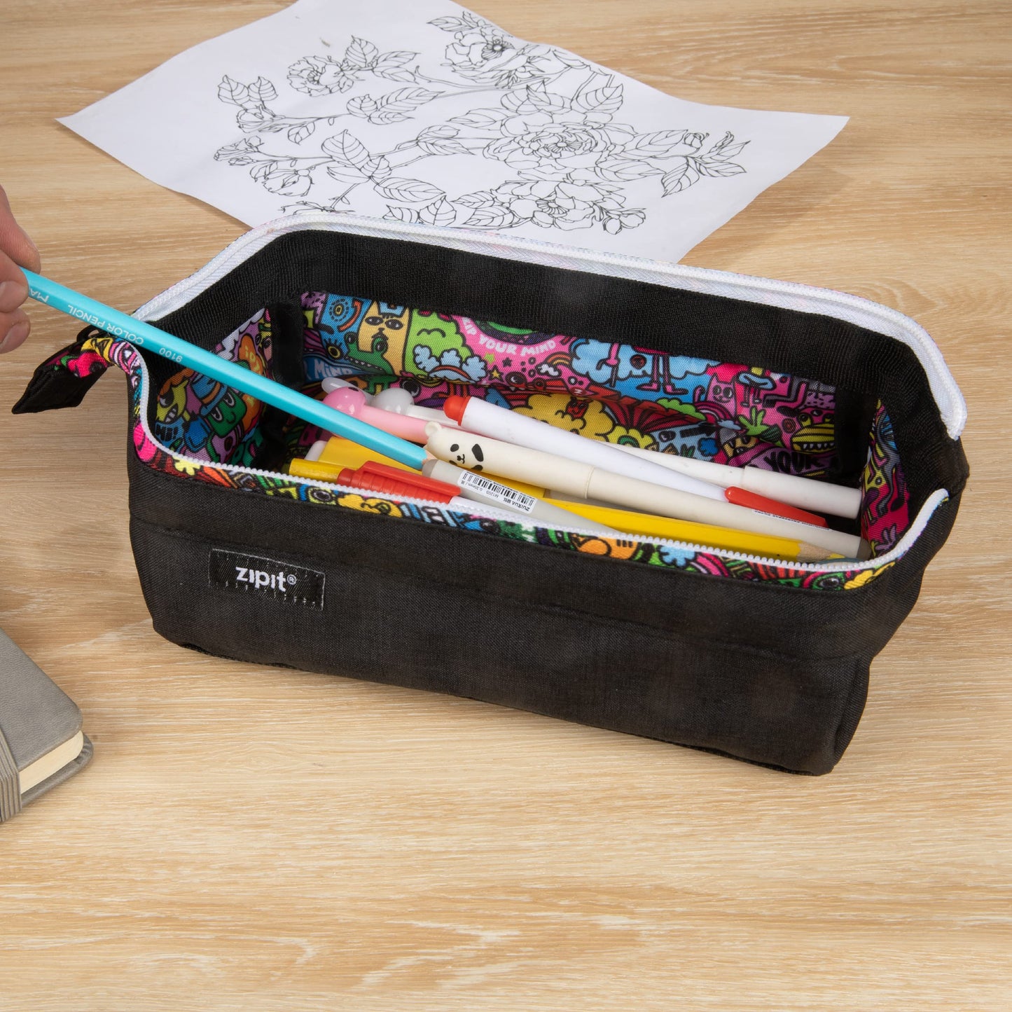 ZIPIT: Lenny Pencil Case - Black & Doodles - Large Storage Capacity Zipper Pouch, Makeup-Stationery Bag, School, Washable Polyester, Kids-Teens-Adults